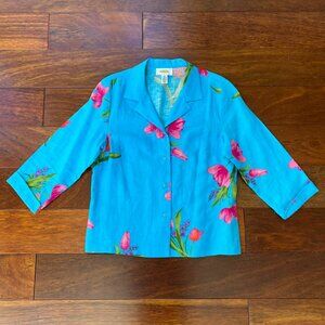 Talbots Petites 100% Linen Shirt Blouse Blue Pink Tulip Floral Womens Size 8 USA